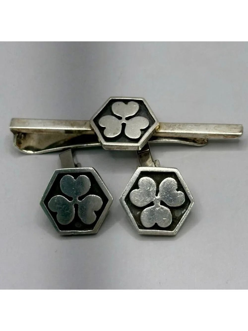 Fenwick & Sailors Shamrock Hexagonal Cufflinks + Tie Clip Sterling Silver Set